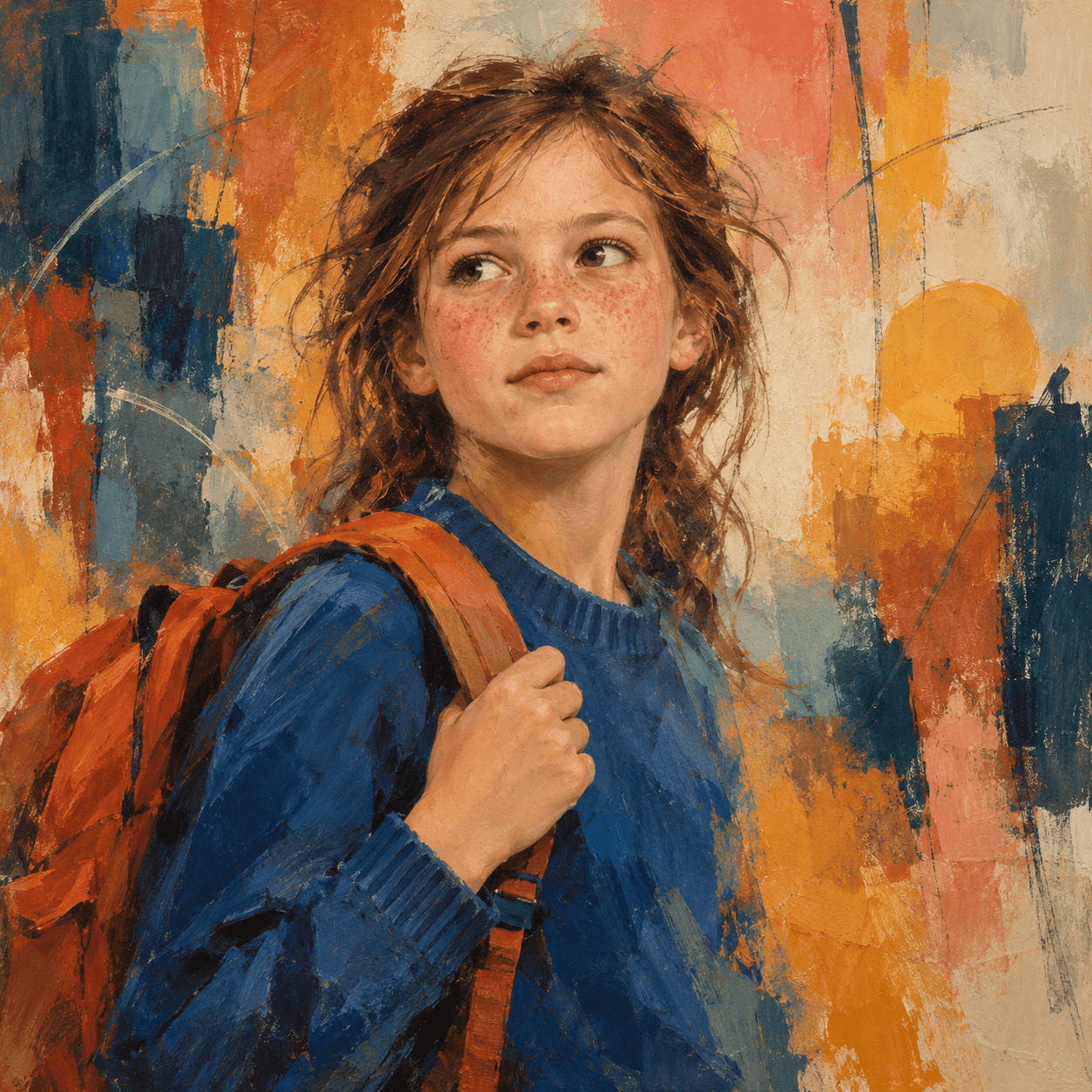 Geschilderd portret van een meisje met een blauwe trui en een oranje schooltas, tegen een abstracte achtergrond in herfstkleuren.