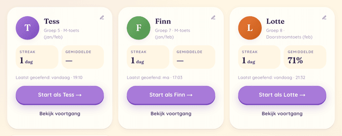 Kies een kind: Tess, Finn en Lotte, elk met eigen groep en voortgang